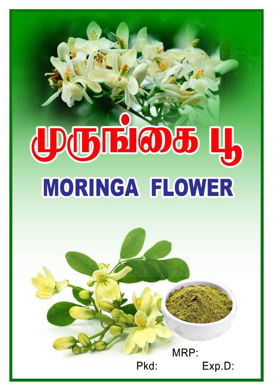 Moringa flower packaging with green leaves and flowers on a white background. Murungai Poo Powder 100g - BKH Organics