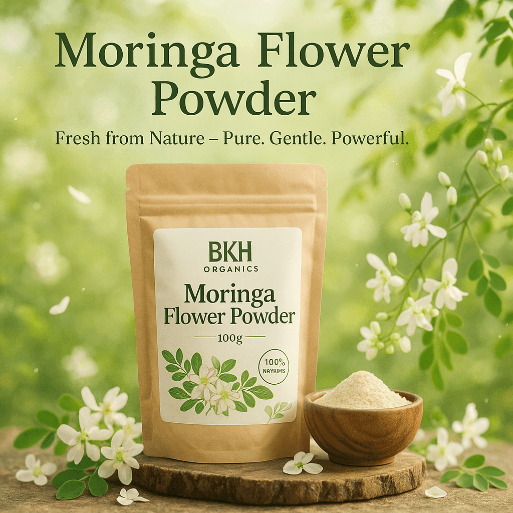 BKH Organics Moringa Flower Powder package with a bowl of powder and Moringa flowers on a natural background. Murungai Poo Powder 100g - BKH Organics