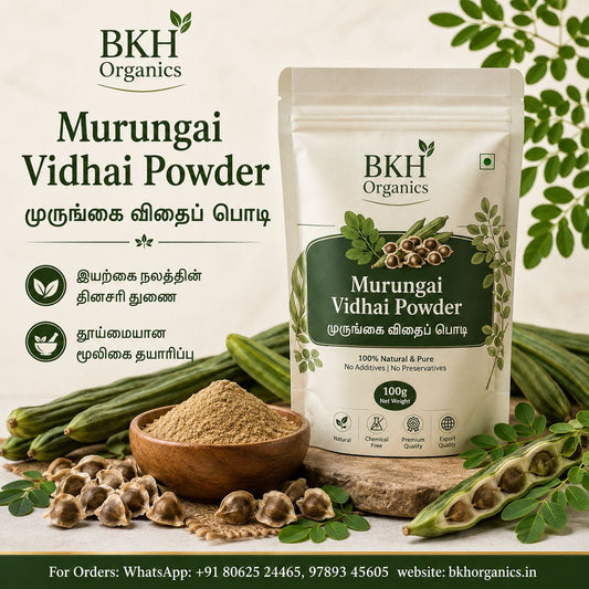 BKH Organics Murungai Vidhai Powder packaging with ingredients and powder on a light background