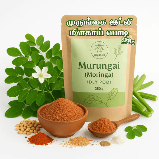 BKH Organics Murungai (Moringa) IDLY PODI packaging with ingredients on a white background