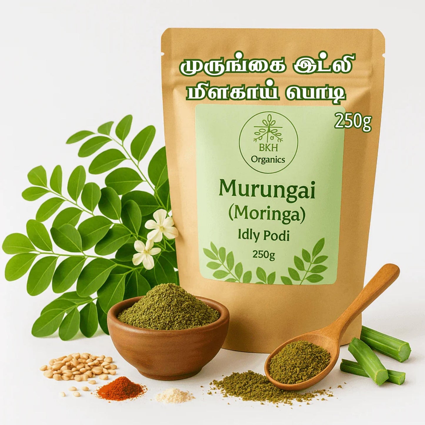 BKH Organics Murungai Moringa Idly Podi packaging with ingredients on a white background