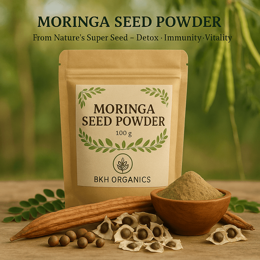 Moringa seed powder package with ingredients on a wooden surface. Murungai Vidhai Powder 100g - BKH Organics