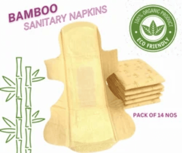 Bamboo sanitary napkins with packaging and bamboo stalks on a white background. Bamboo Sanitary Napkins 14pc - BKH Organics