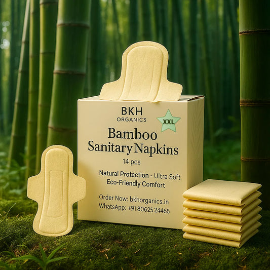 BKH Organics Bamboo sanitary napkins XXL with packaging in a bamboo forest setting
