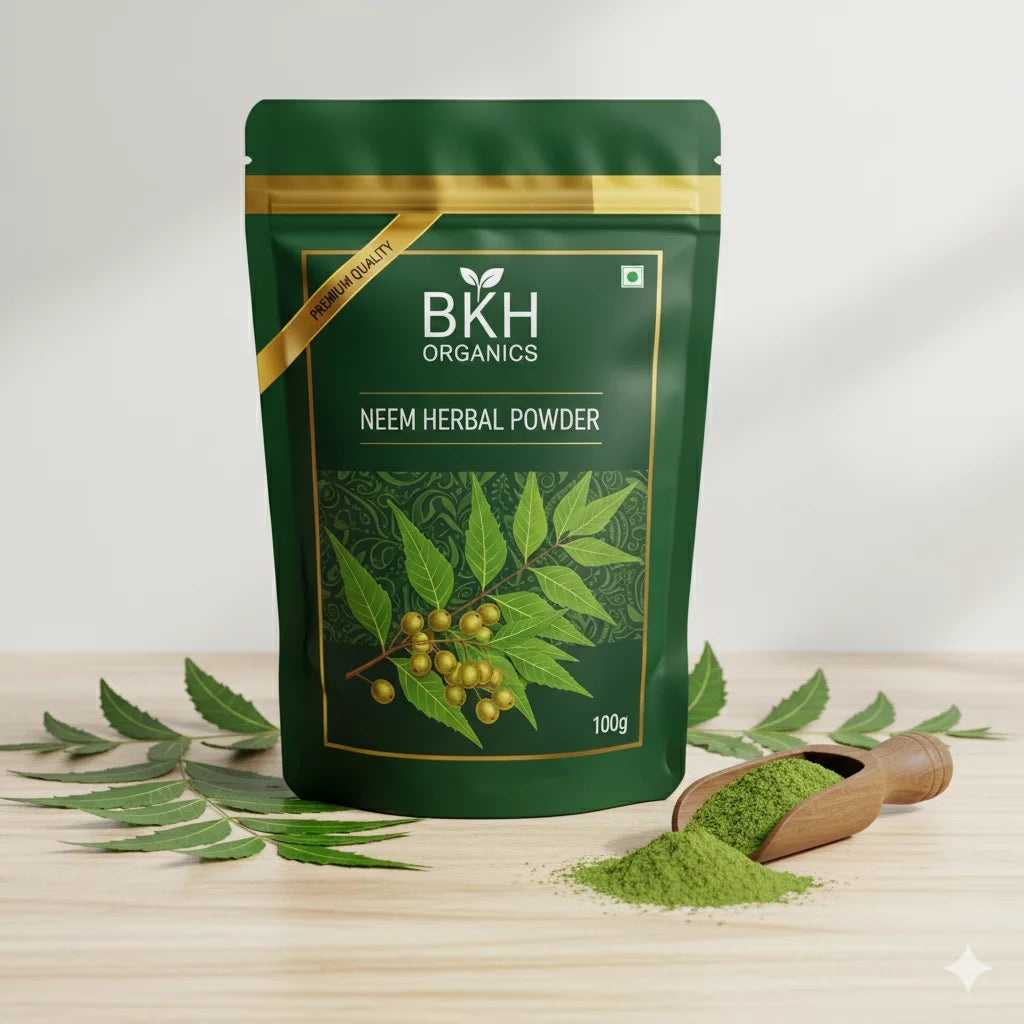 BKH Organics Neem Herbal Powder packaging with green powder on a wooden surface