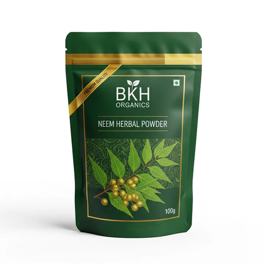 Green package of BKH Organics Neem Herbal Powder on a white background