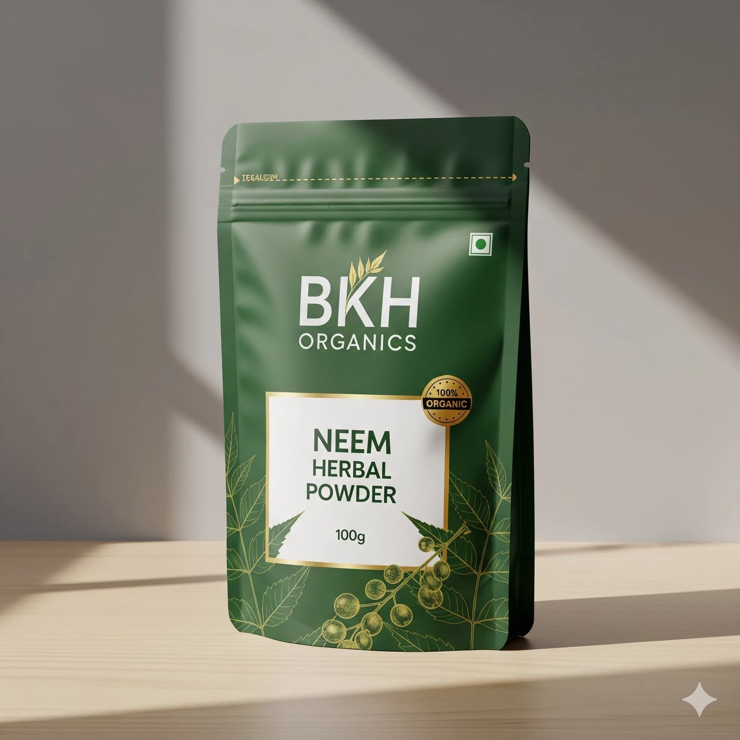 BKH Organics Neem Herbal Powder packaging on a neutral background