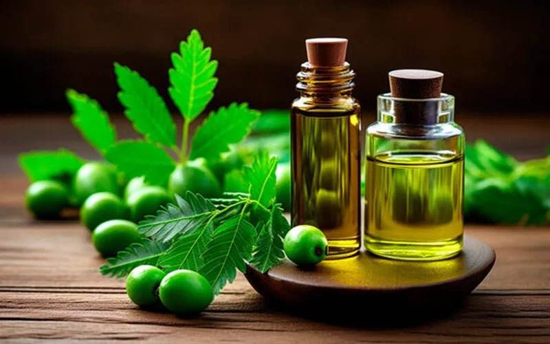 Two glass bottles of oil on a wooden surface with green leaves and fruits.