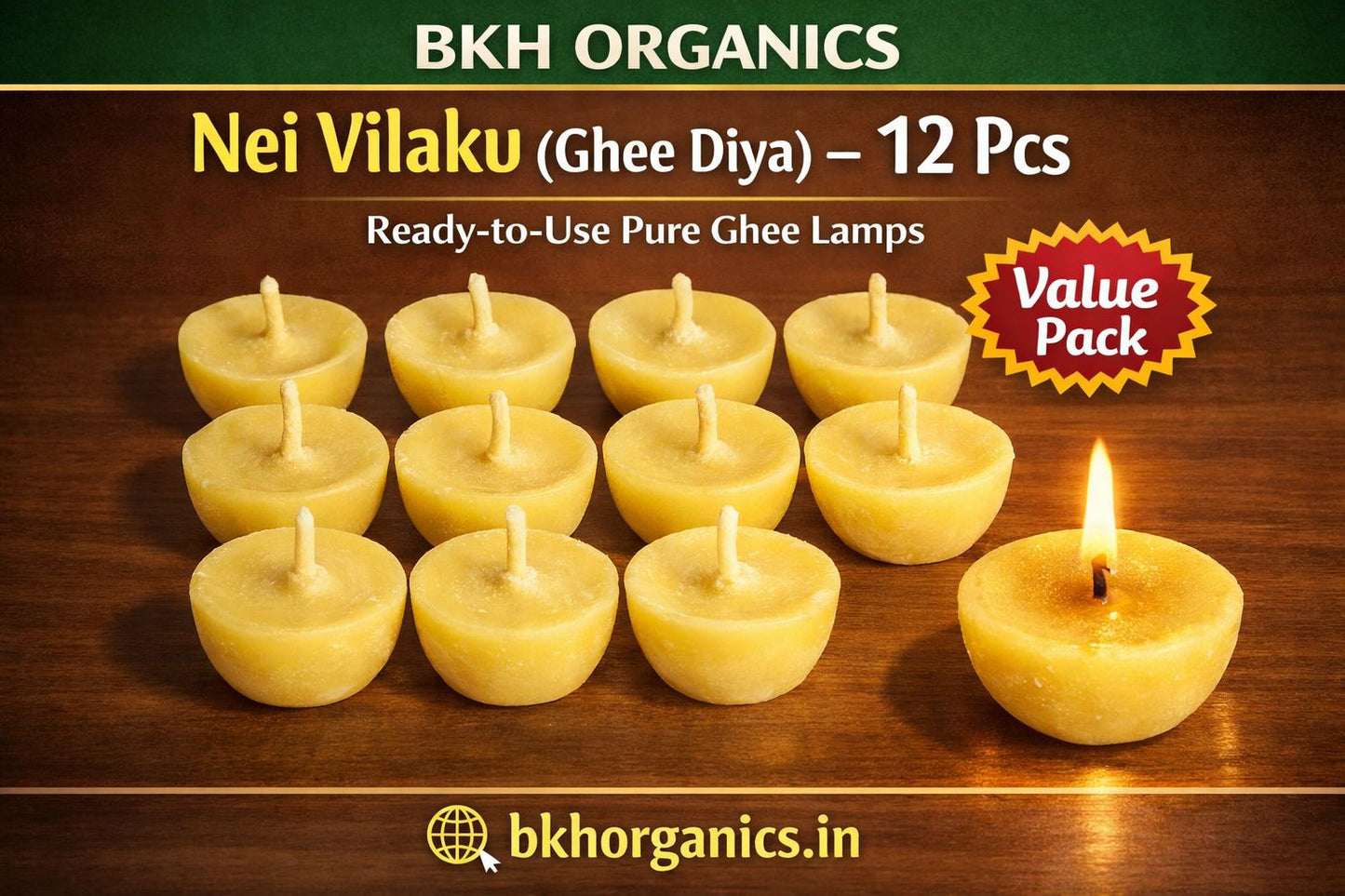 BHK Organics Nei Vilaku Ghee Diya candles on a wooden surface with brand name and product details.
