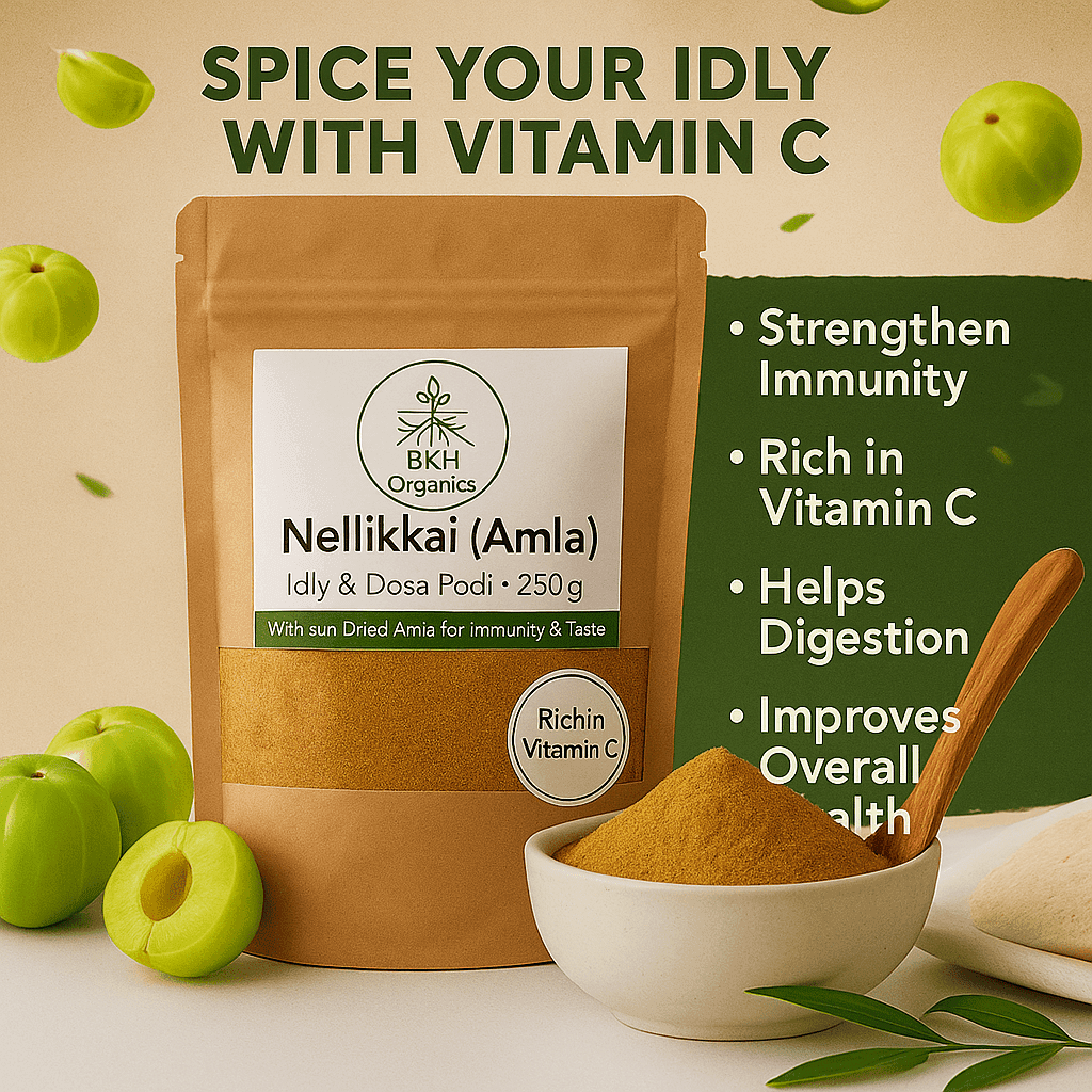 BKH Organics Nellikkai (Amla) package with health benefits text and ingredients displayed.