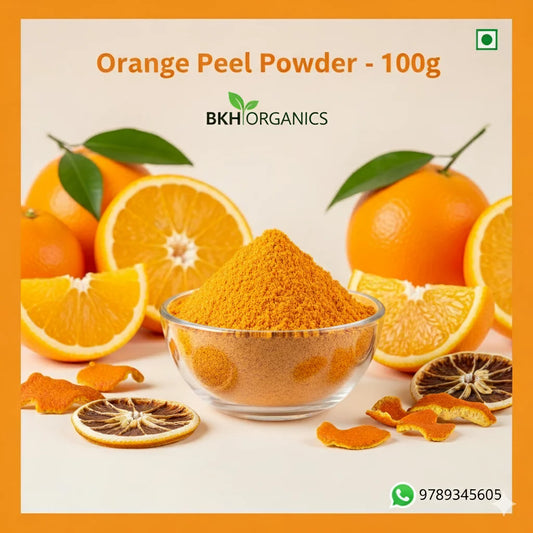 Bowl of orange peel powder with oranges and dried orange peels on a light background, branded as BKH Organics. , BKH Organics Orange Peel Powder