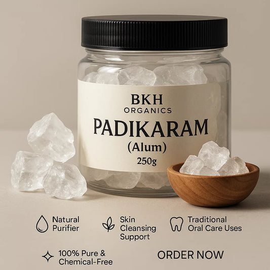 BKH Organics Padikaram Alum jar with crystals and promotional text on a beige background