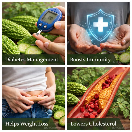Collage of images related to health benefits with text on diabetes management, immunity boost, weight loss, and cholesterol lowering. BKH Organics
