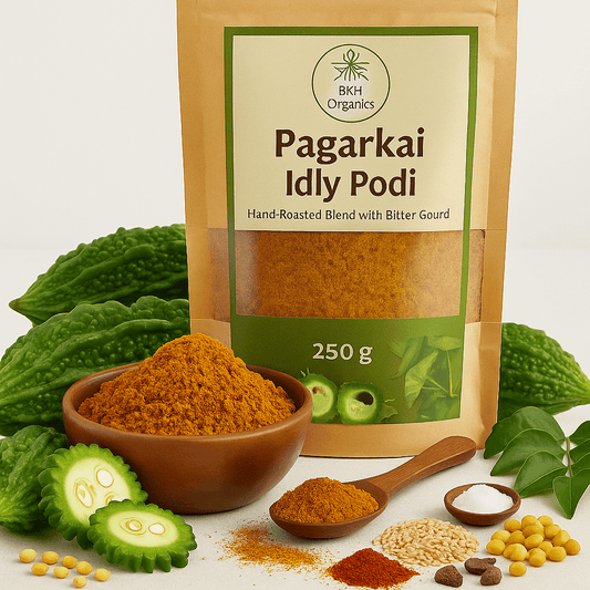 BKH Organics Pagarkai Idly Podi packaging with ingredients on a white background.