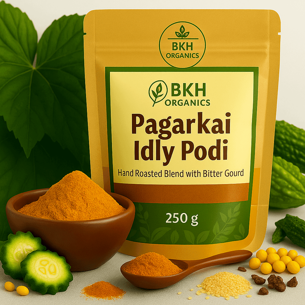 BKH Organics Pagarkai Idly Podi packaging with ingredients and a bowl of powder.