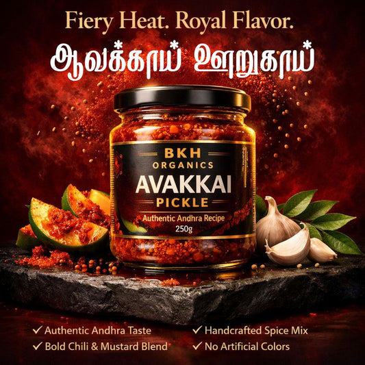 BKH Organics Avakkai Pickle jar with ingredients on a dark background