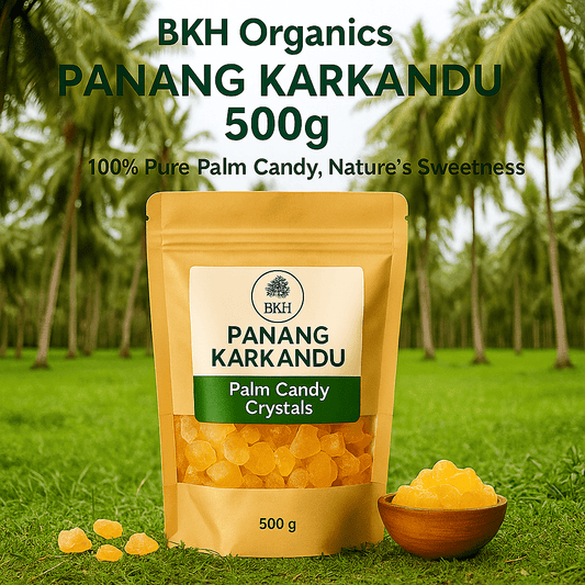Bag of BKH Organics Panang Karkandu palm candy with a natural background