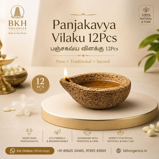 Panjakavya Vilaku 12Pcs oil lamp with branding and product details on a light background