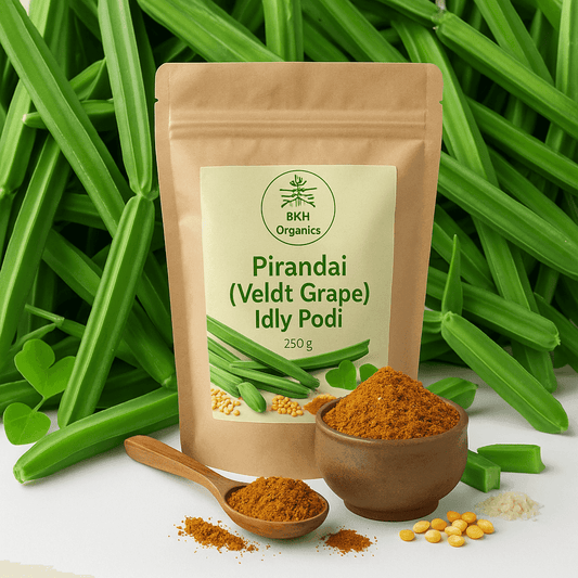 BKH Organics Pirandai (Veldt Grape) Idly Podi packaging with green beans in the background, Pirandai idly & Dosa Podi 250g - BKH Organics