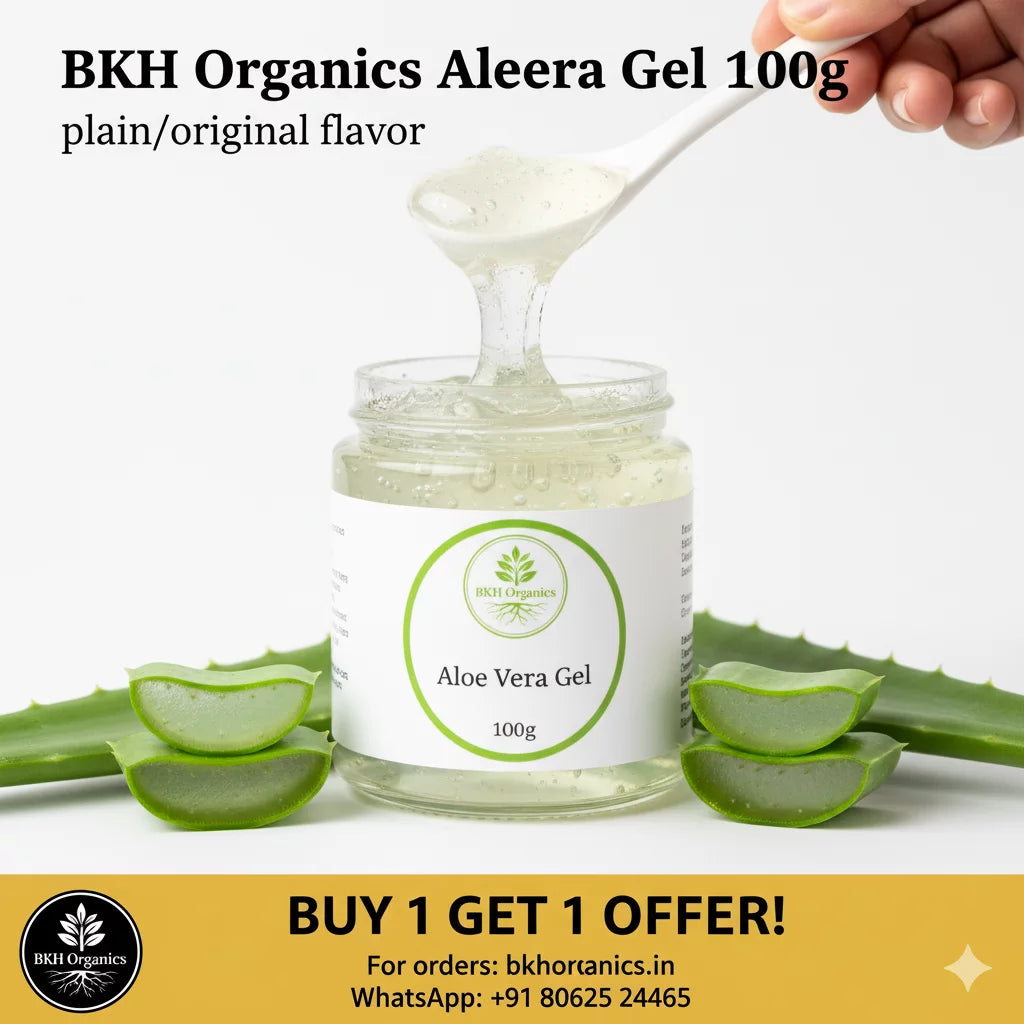 BKH Organics Aleera Gel jar with aloe vera slices and a spoonful of gel on a white background.