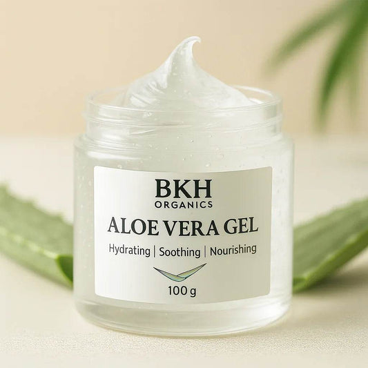 BKH Organics Aloe Vera Gel jar with aloe leaves on a beige background. Aloe vera Gel - Plain 1+1 - BKH Organics