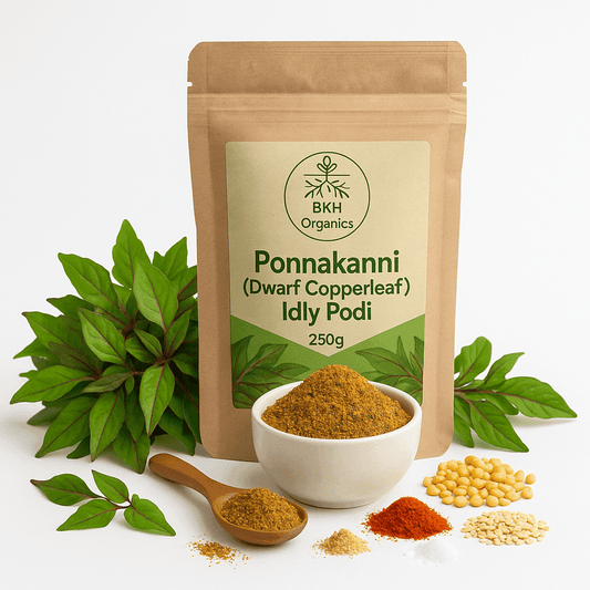 BKH Organics Ponnakkanni Idly Podi packaging with ingredients on a white background