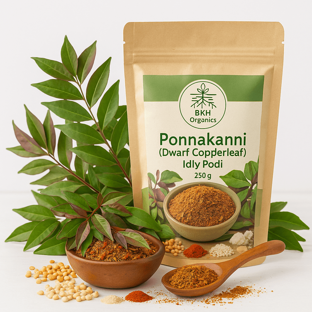 BKH Organics Ponnakanni Idly Podi packaging with green leaves and spices on a white background