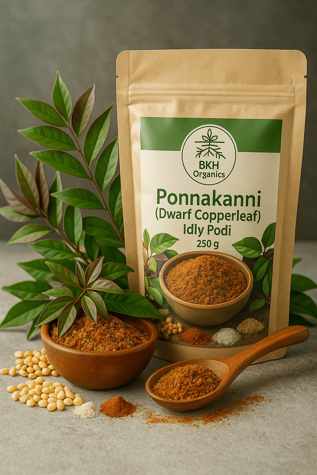 BKH Organics Ponnakkanni Idly Podi packaging with a bowl, spoon, and leaves on a gray background