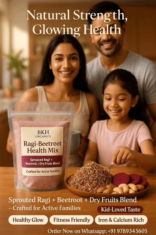 Family around a table with Ragi-Beetroot Health Mix packaging, emphasizing health benefits. Ragi - Beetroot Health Mix 500g - BKH Organics