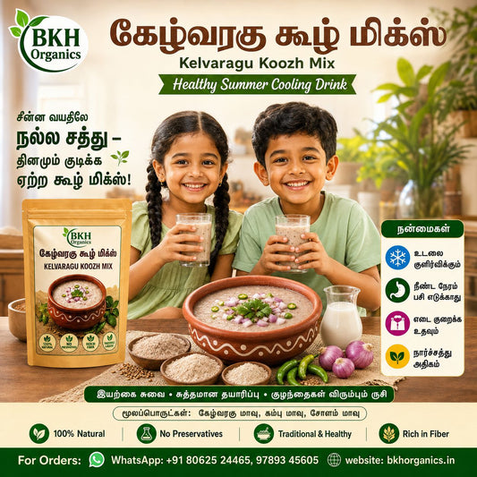 BKH Organics Kelvaragu Koozh Mix with two children holding glasses of a drink.
