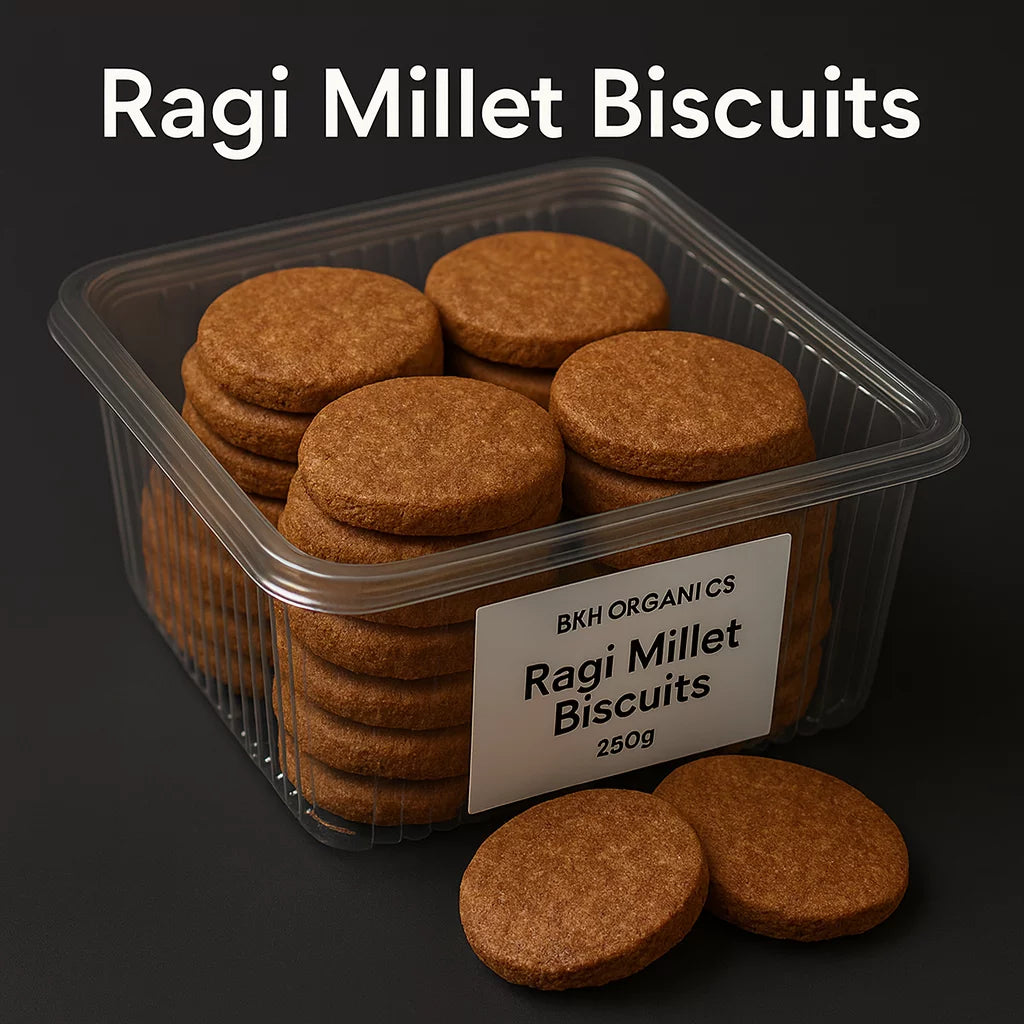 Container of Ragi Millet Biscuits with a label on a dark background, Ragi Millet Biscuits - BKH Organics