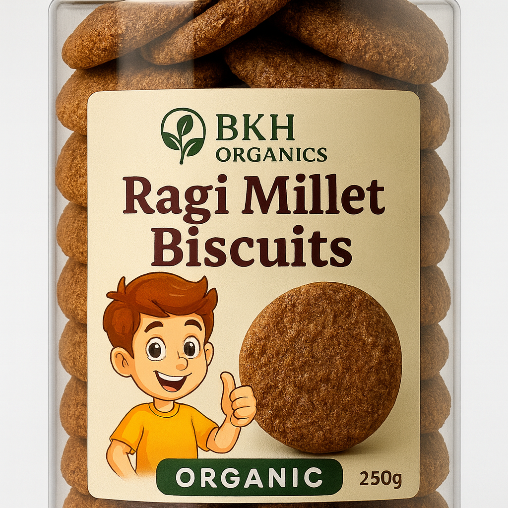 Pack of BKH Organics Ragi Millet Biscuits with a cartoon character on the label.