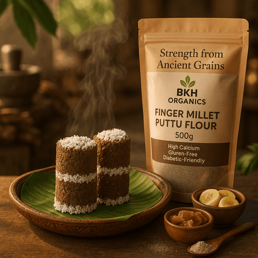 BKH Organics Finger Millet Puttu Flour package with puttu on a plate and ingredients on a wooden table. Ragi Puttu Mavu 500g - BKH Organics