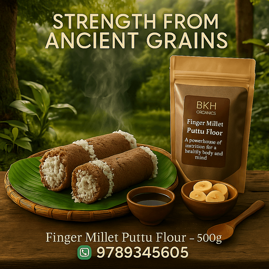 Finger Millet Puttu Flour package with traditional food items on a wooden table. Ragi Puttu Mavu 500g - BKH Organics