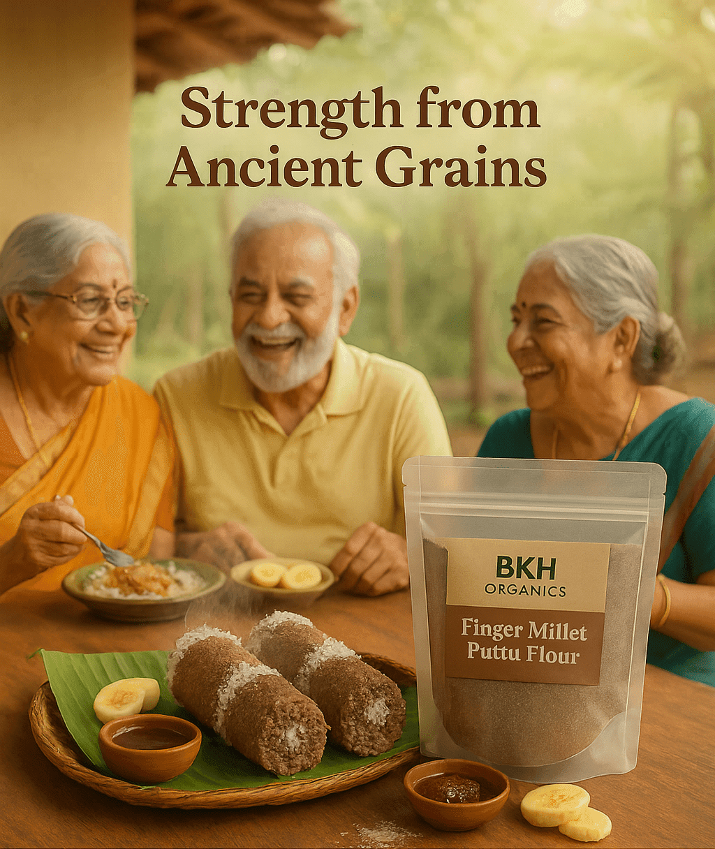 Three elderly people enjoying a meal with a package of BKH Organics Finger Millet Puttu Flour. Ragi Puttu Mavu 500g - BKH Organics