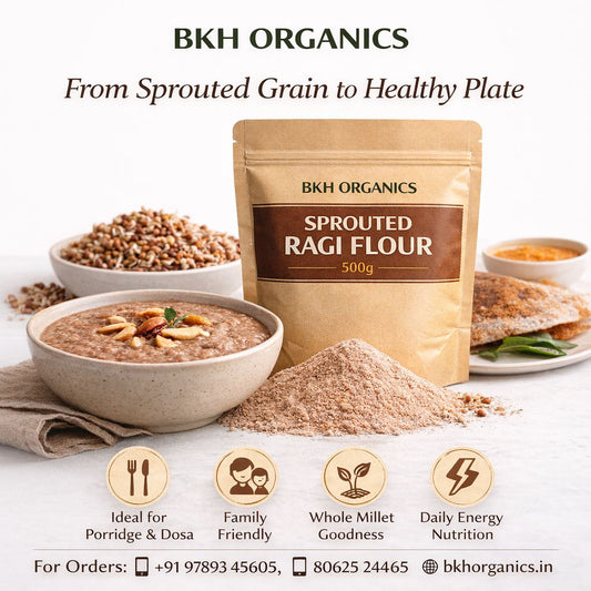 BKH Organics sprouted ragi flour package with bowls of porridge and flour on a white background
