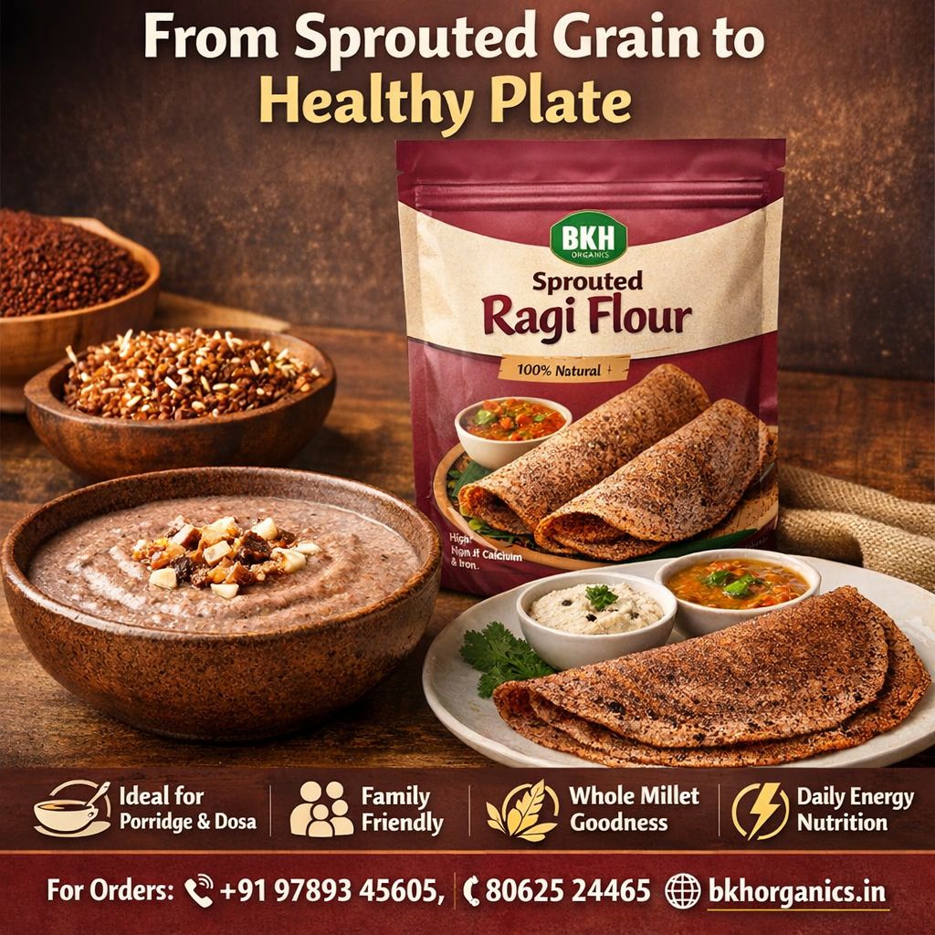 BKH Sprouted Ragi Flour package with a healthy plate of food on a wooden table.