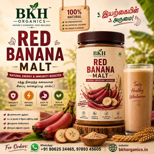 BKH Organics Red Banana Malt packaging with ingredients and benefits displayed.