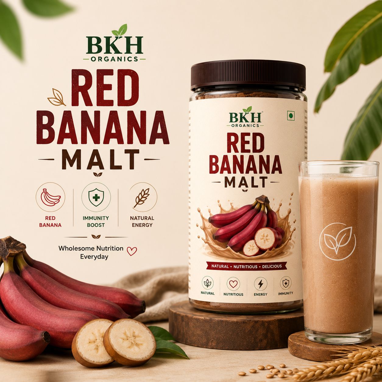 BKH Organics Red Banana Malt packaging with red bananas and a glass of malt on a wooden surface.