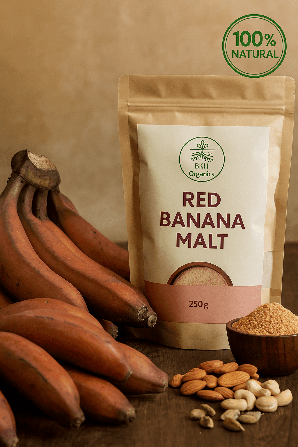 Bag of red banana malt with bananas, nuts, and malt powder on a wooden surface. BKH Organics