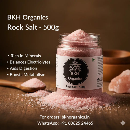 BKH Organics Rock Salt jar on a wooden surface with text highlighting benefits and contact information.