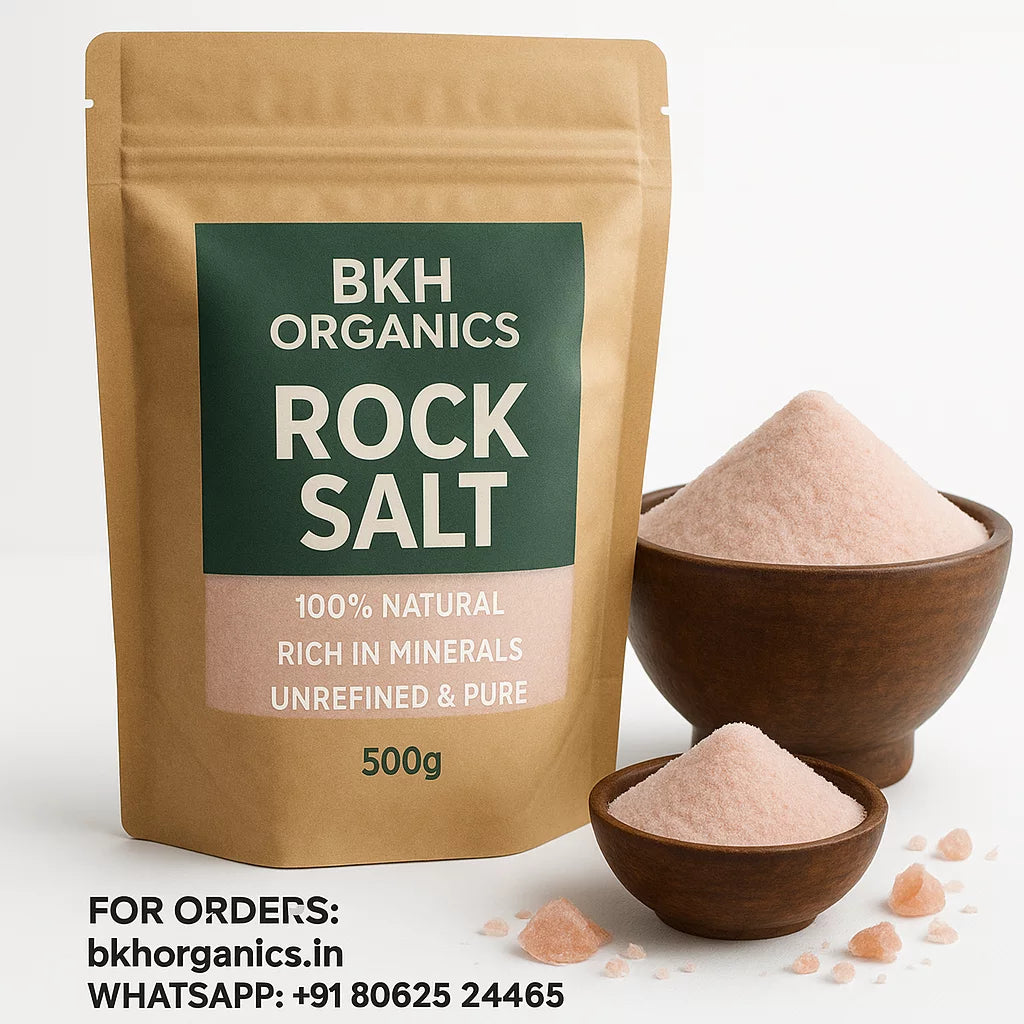 BKH Organics rock salt packaging with two wooden bowls of salt on a white background
