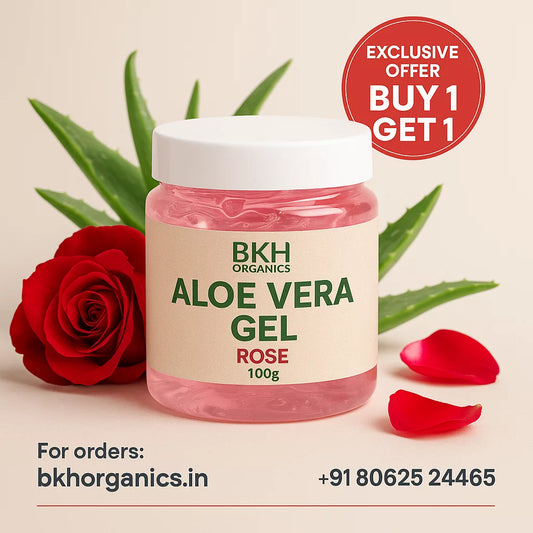 BKH Organics Aloe Vera Gel Rose with a red rose and green leaves on a beige background