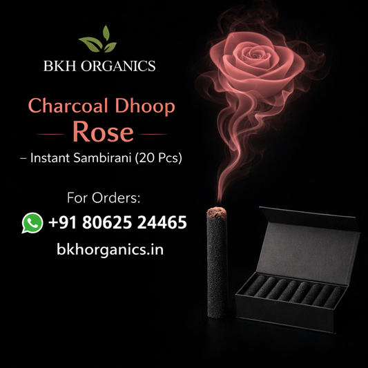 BKH Organics Charcoal Dhoop Rose with a smoking rose and contact information.