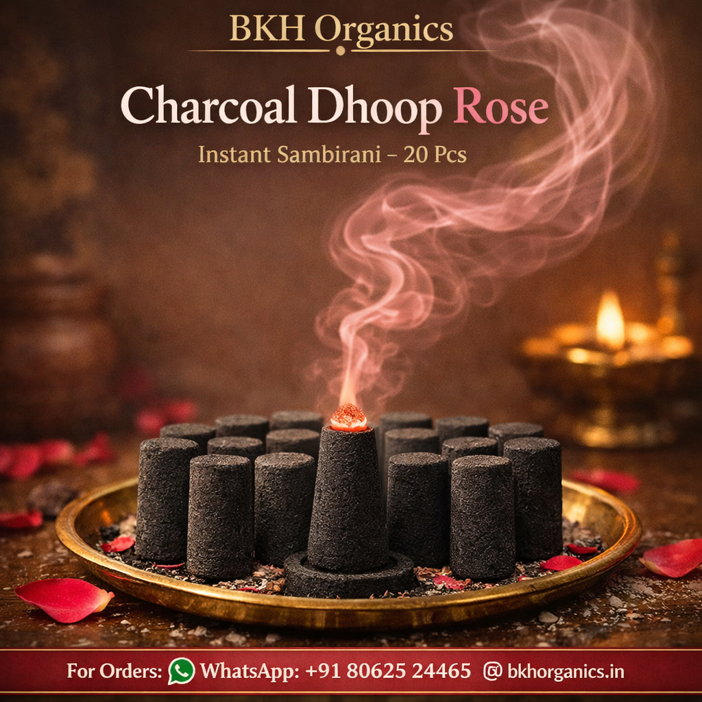 BKH Organics Charcoal Dhoop Rose with smoke on a dark background