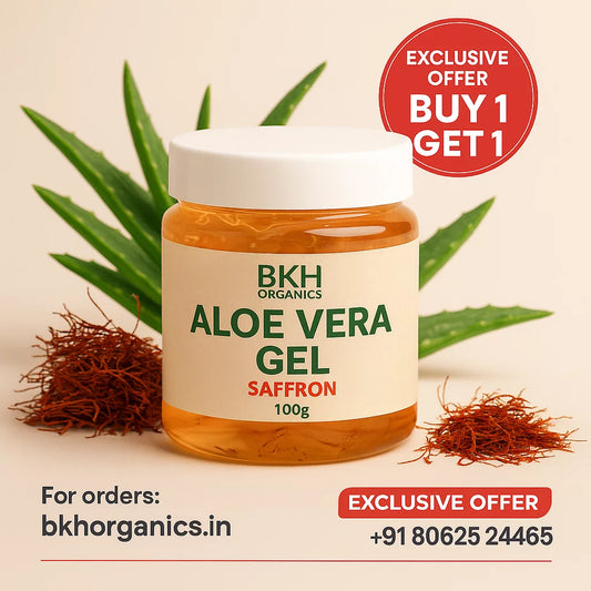 BKH Organics Aloe Vera Gel with Saffron packaging on a beige background with aloe vera leaves and saffron strands.