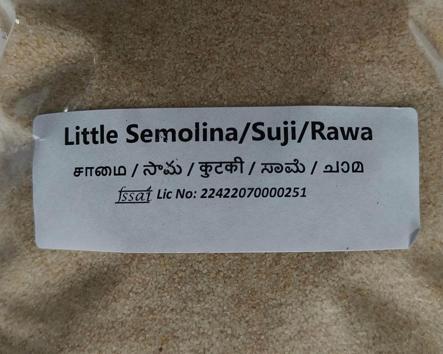 Label for Little Semolina/Suji/Rawa on a sandy background Samai Rava - BKH Organics