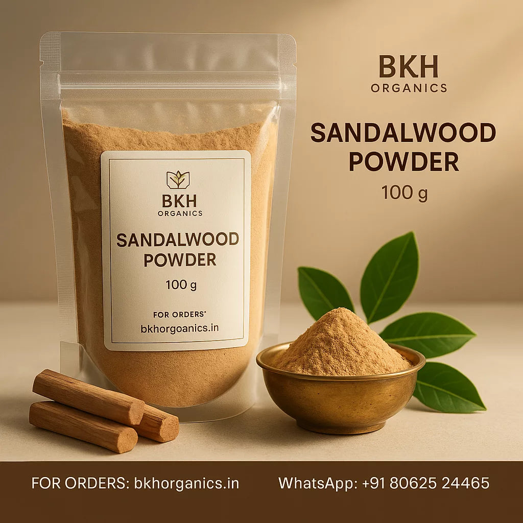 BKH Organics Sandalwood Powder packaging with sandalwood powder in a bowl and leaves on a beige background, BKH Organics Pure Sandal Wood Powder (தமிழ்: சந்தனத் தூள், తెలుగు: చందనం పొడి, ಕನ್ನಡ: ಶ್ರೀಗಂಧದ ಪುಡಿ, മലയാളം: ചന്ദനപ്പൊടി, ತುಳು: ಶ್ರೀಗಂಧದ ಪೊಡಿ) stand-up zipper pouch with a bowl of fragrant chandan powder and real sandalwood logs in natural sunlight