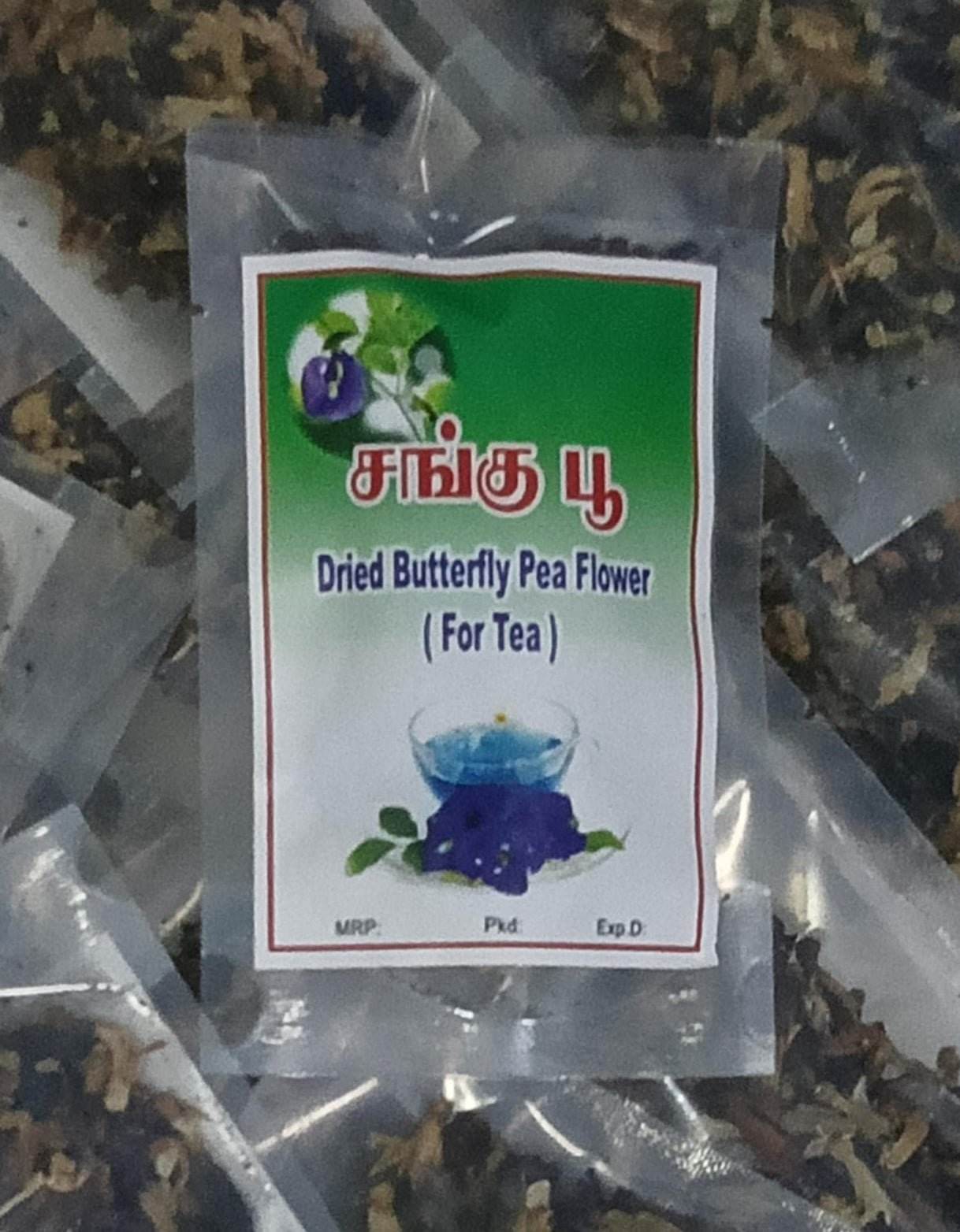 Packaged dried butterfly pea flower for tea with a label on a dark background, Sangu dry Poo 10g - BKH Organics