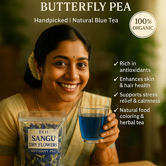 Woman holding a glass of blue butterfly pea tea with product packaging, surrounded by text about health benefits and organic certification. BKH Organics